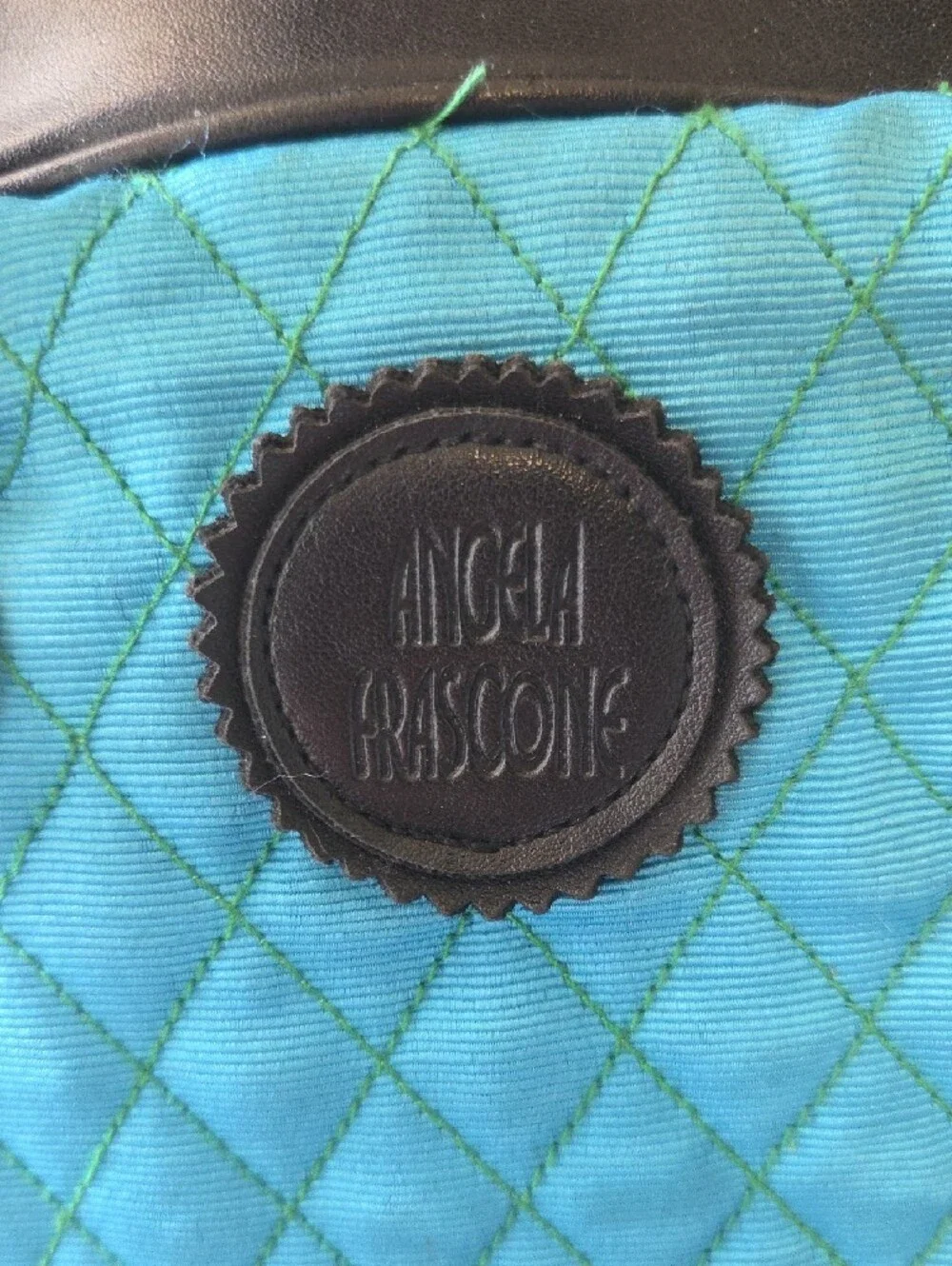ANGELA FRASCONE Quilted Blue & Green Decorative Satchel Braided Black Handles